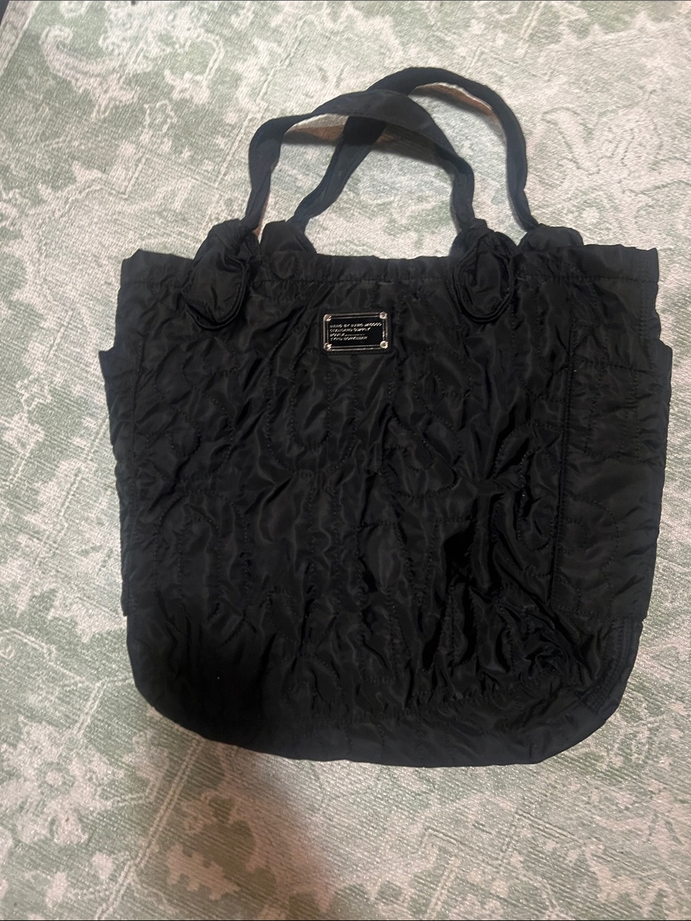Marc Jacobs Black Quilted Nylon Tote with Logo Plaque